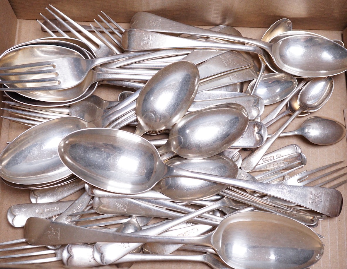 Forty five items of Edwardian silver Old English pattern flatware by John Round & Sons, Sheffield, 1904, one other silver teaspoons and two plated spoons